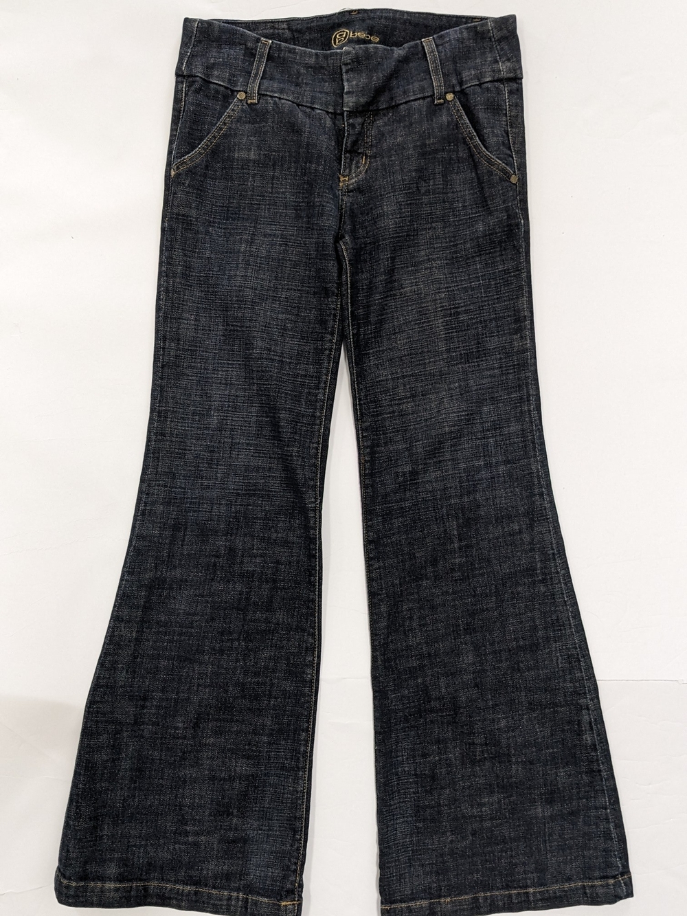 VTG Bebe Low Rise Flare Leg Light Stretch Crosshatch Dark Indigo Wash Jeans